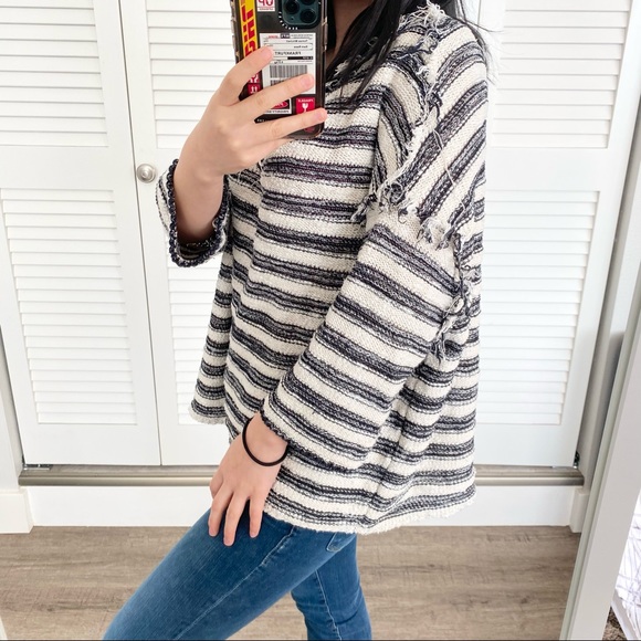 Free People Striped Spells Trouble Oversized V-neck Knit Top - Picture 4 of 8